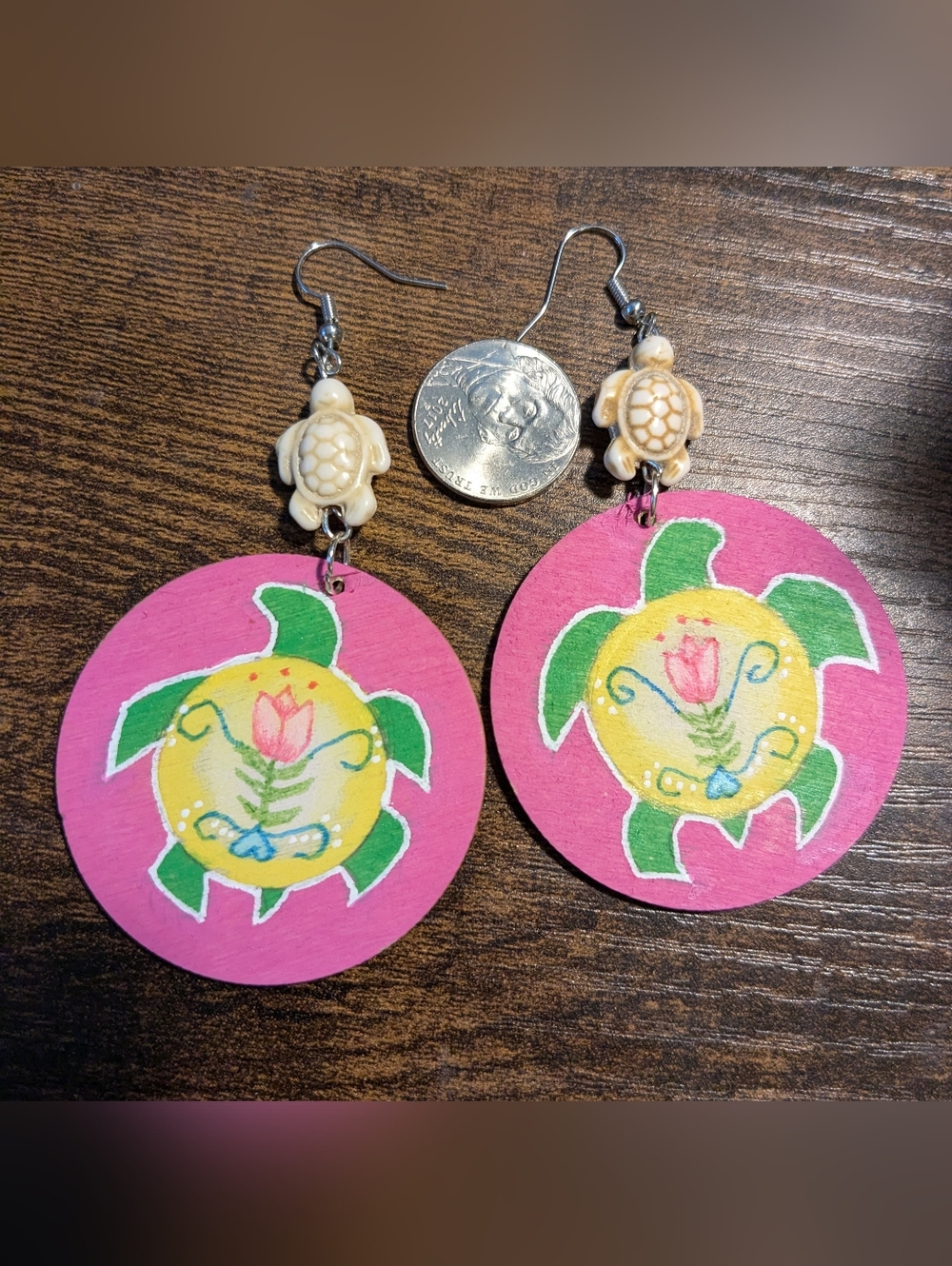 Native American Hand-painted Turtle Drop Earrings